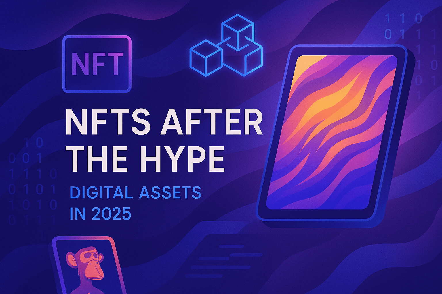 Digital illustration of NFTs showing abstract artwork, blockchain symbols, and digital collectibles, representing the evolving real-world applications of NFTs in 2025.
