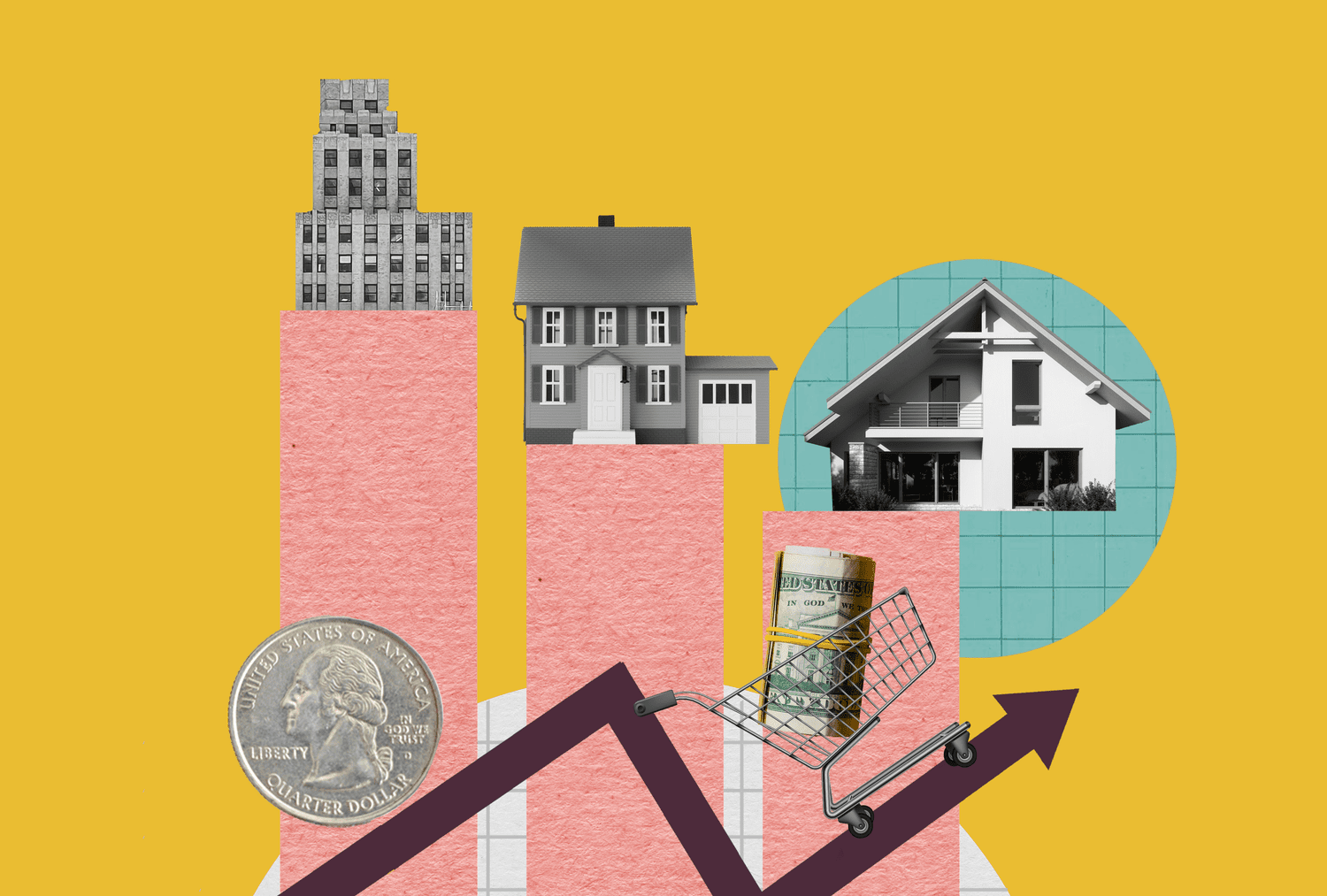 Multiple houses positioned along an upward-curving graph with rising stacks of money, symbolizing increasing home prices and market growth.