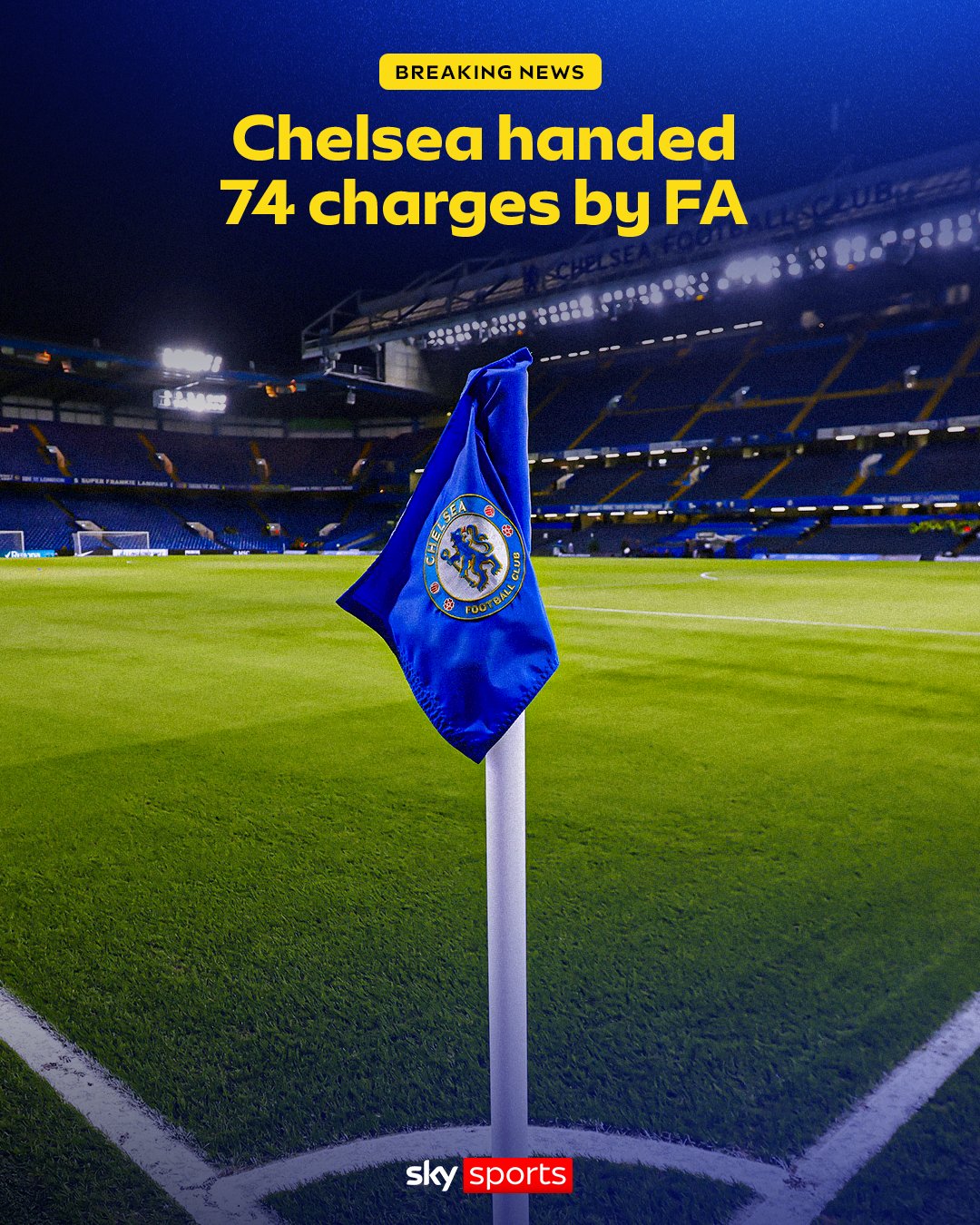 Chelsea corner flag with Sky Sports headline highlighting the club’s 74 FA charges over agent payments.