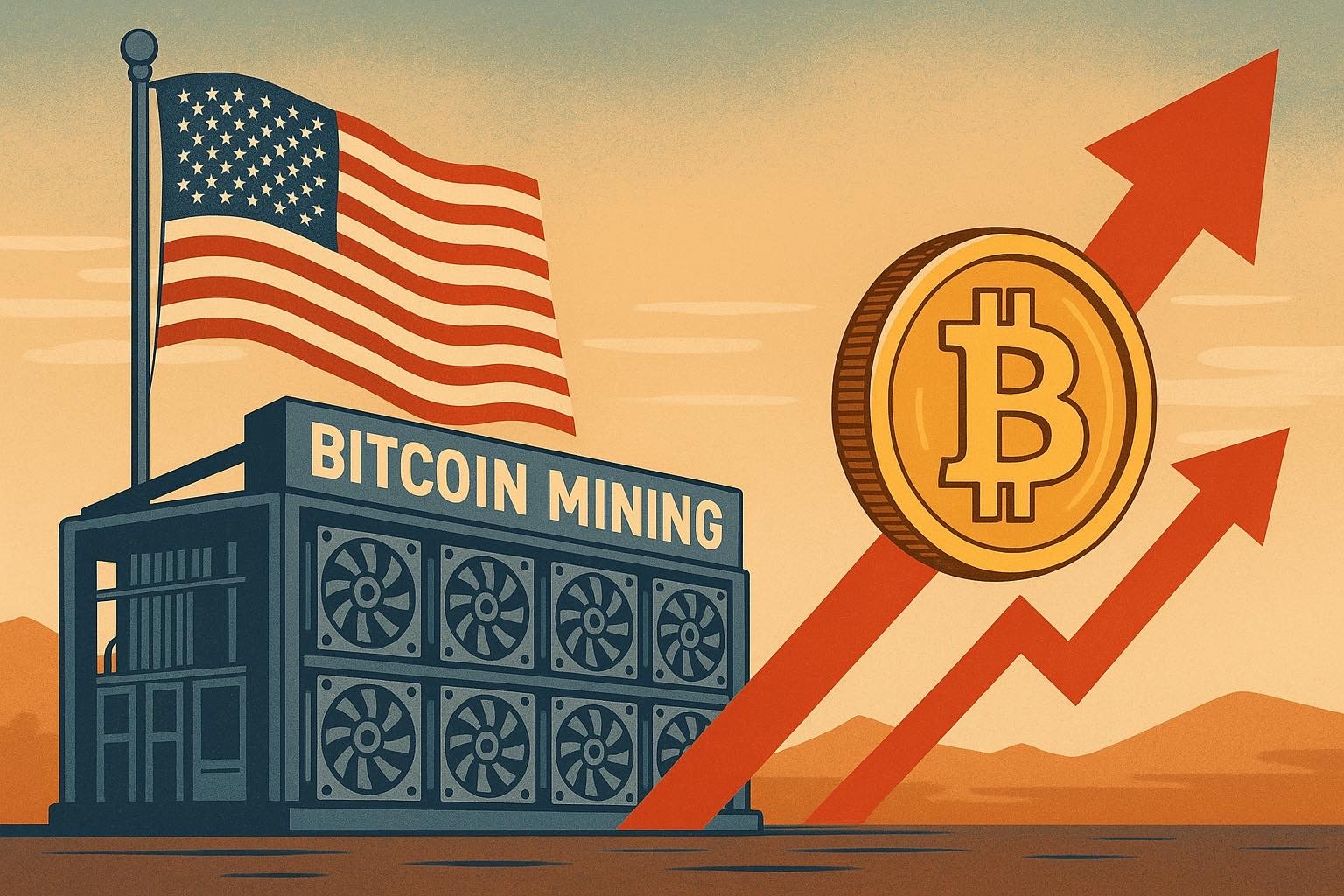 Cartoon illustration of a Bitcoin mine with an American flag planted on top and a large arrow pointing upwards, symbolizing growth in cryptocurrency