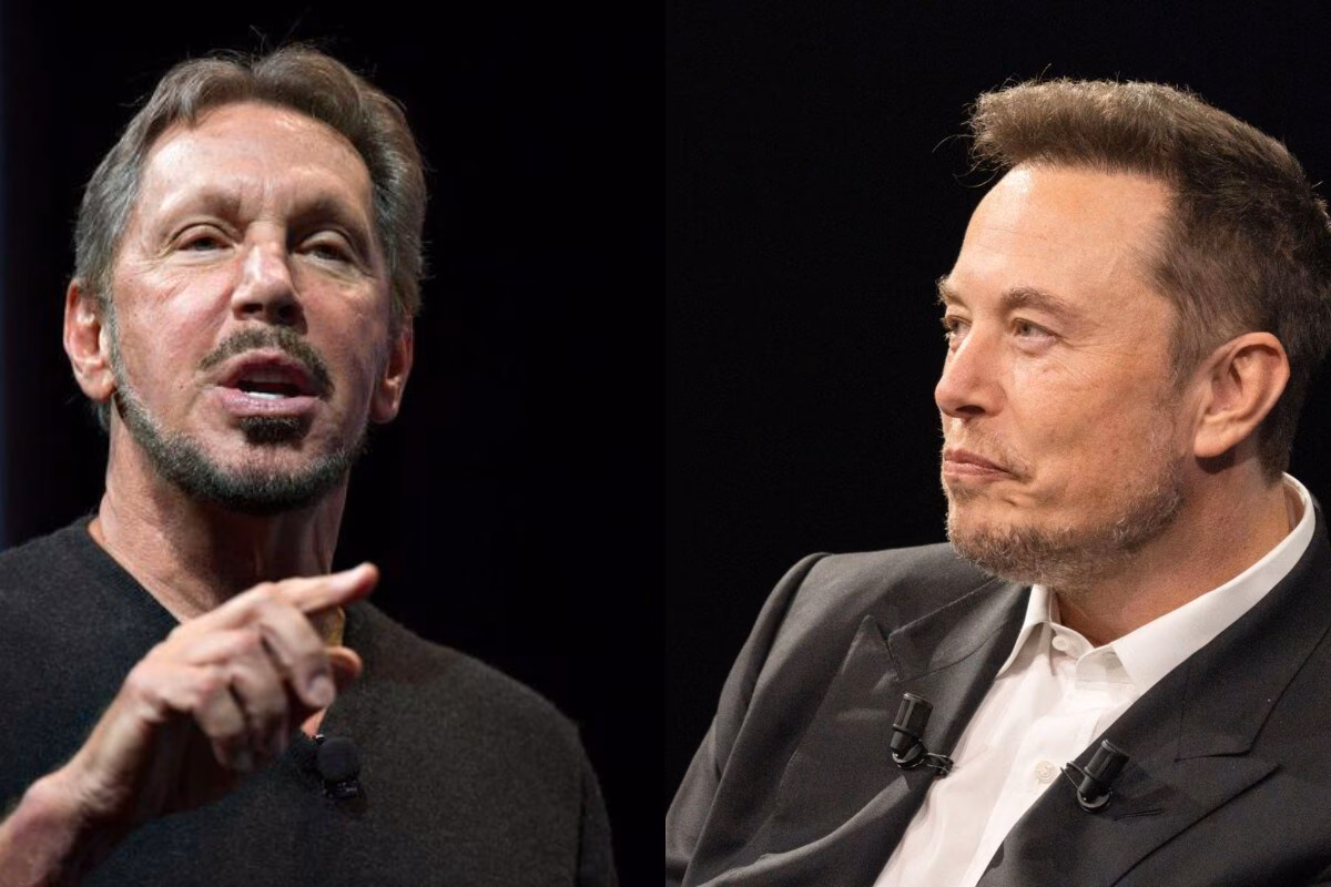 Split image showing Larry Ellison on one side and Elon Musk on the other, highlighting the brief billionaire ranking swap.