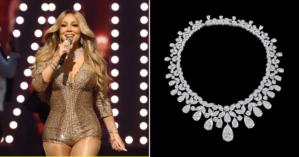 Split image showing Mariah Carey performing at the 2025 VMAs in a gold bodysuit alongside a close-up of her $10M diamond necklace.