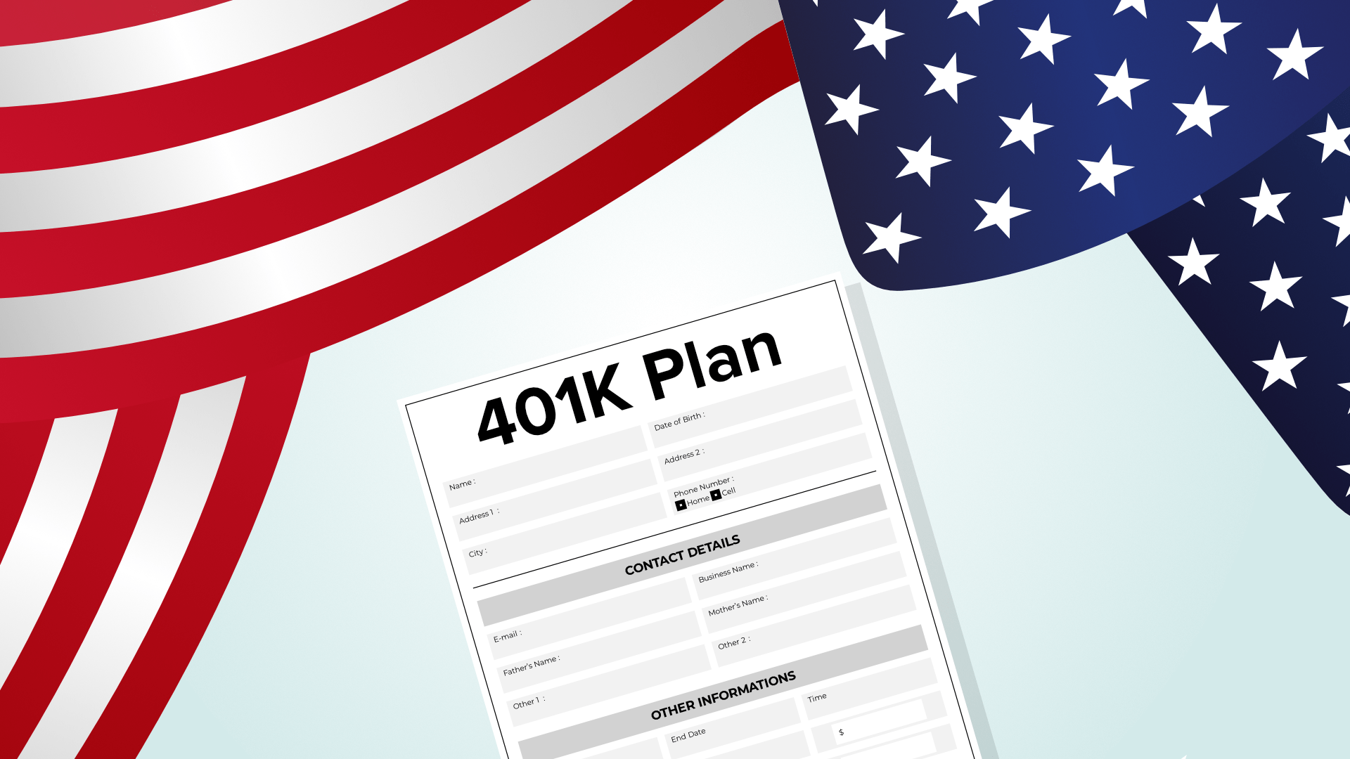 A 401(k) retirement plan document placed on a desk, surrounded by small American flags, symbolizing U.S. retirement savings.