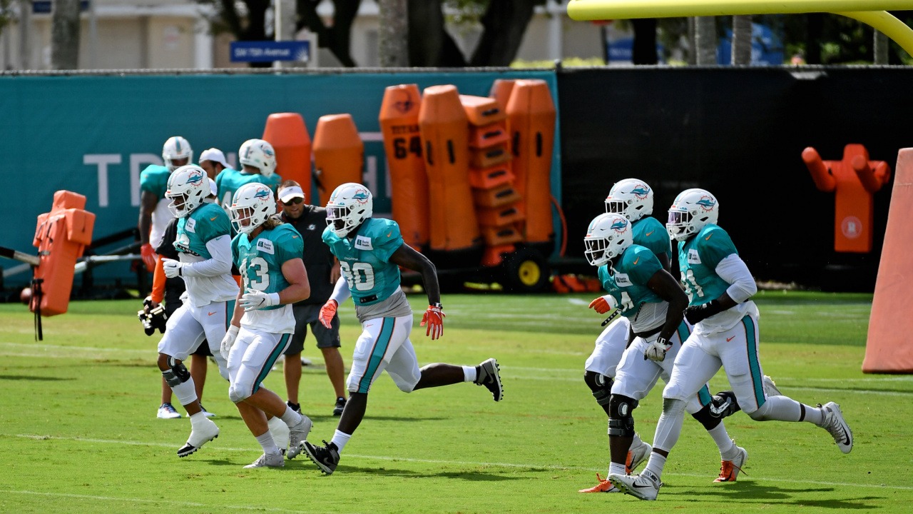 NFL practice squad players running drills on the field during a training session, wearing team gear but no game uniforms.