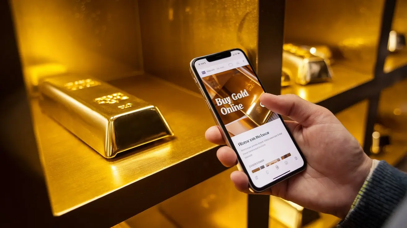 Person browsing a gold buying website on a laptop while examining a gold bar in hand.