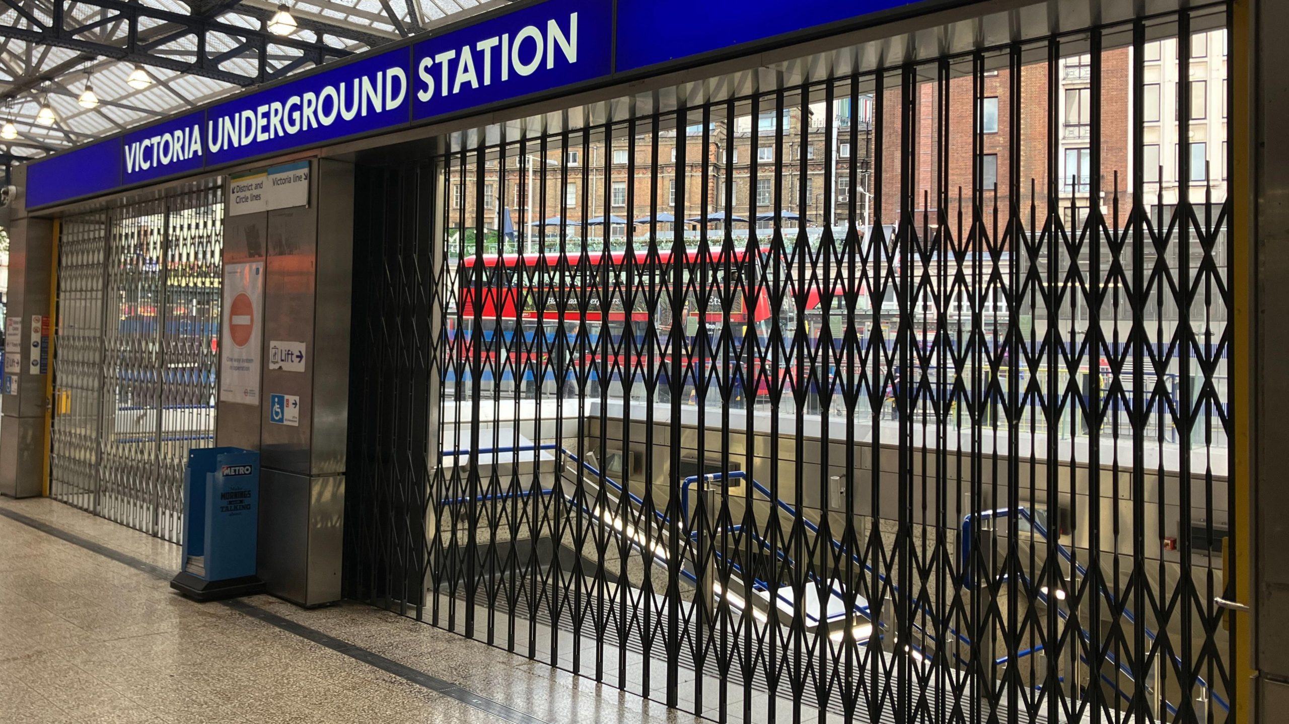 Closed entry gates at a London Tube station, preventing passengers from accessing the platforms during the strike.