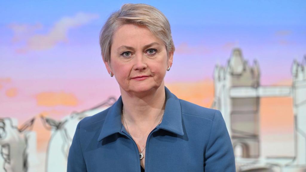 Yvette Cooper posing in a BBC studio during a political interview.