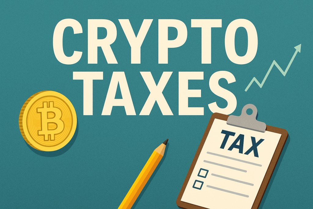 A digital illustration showing a balance scale weighing Bitcoin against tax symbols, depicting crypto regulation in 2025.
