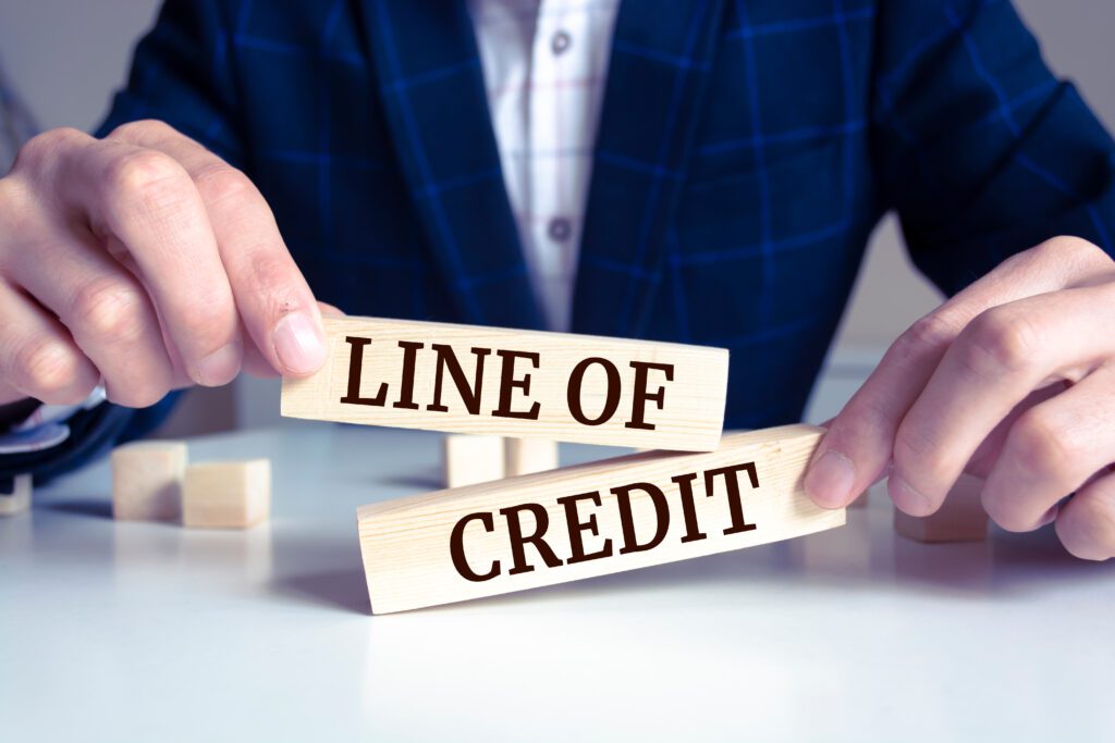 Businessman holding wooden blocks spelling “Line of Credit,” symbolizing flexible business financing.