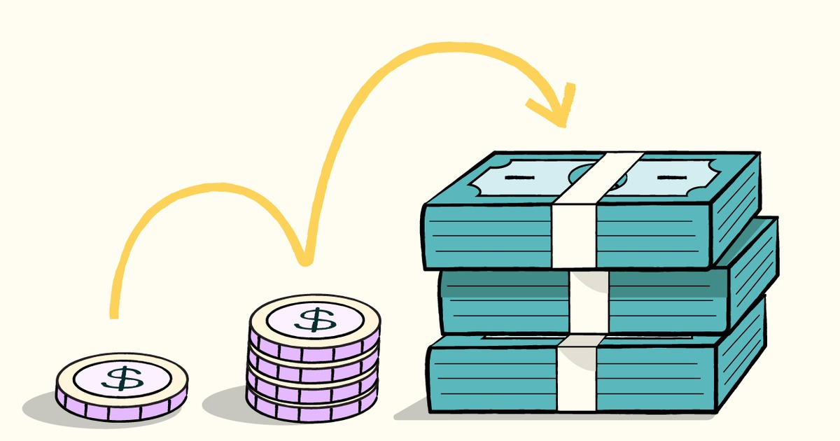 A single coin transforming into a growing pile of coins, which then turns into a stack of paper money, illustrating financial growth.