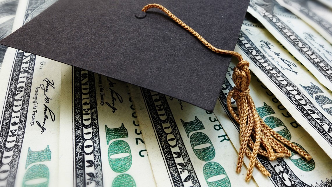 A graduation cap resting on a stack of $100 bills, representing student loans and the cost of higher education in the United States.