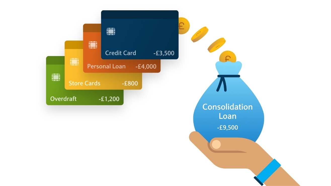 A cartoon illustration of a person funneling multiple loans—credit cards, personal loans, and bills—into a single debt consolidation loan.