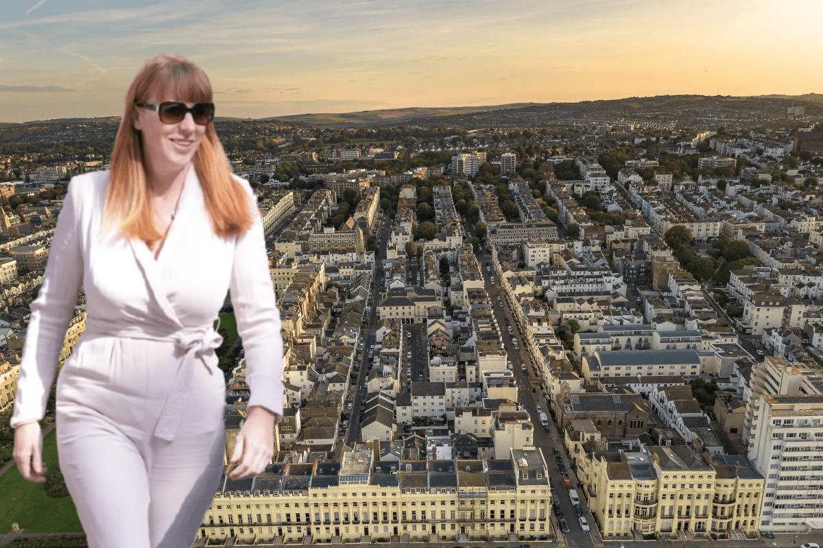 Aerial view of Hove coastline with Angela Rayner superimposed, highlighting the location of her flat.