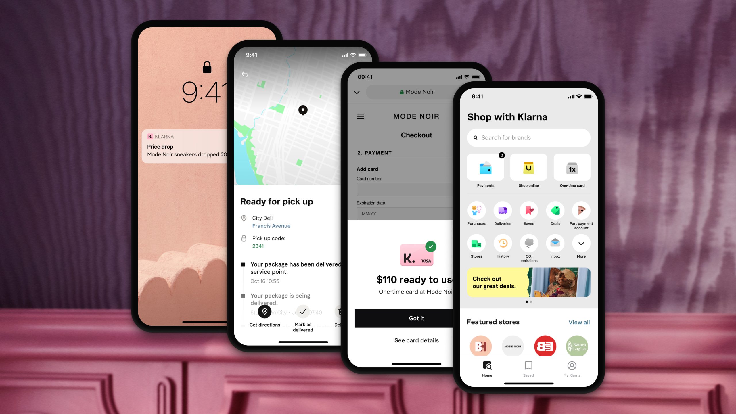 Four smartphone screens displaying different Klarna services, including shopping, payment installments, and account management.