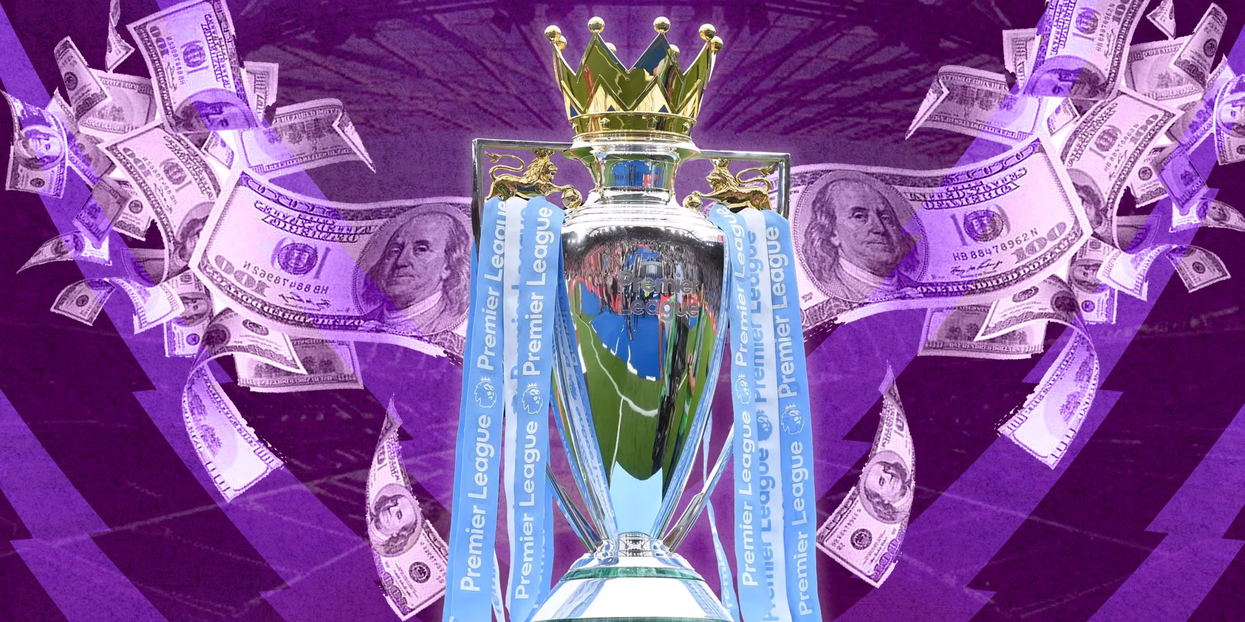 Premier League trophy surrounded by US dollars, illustrating the league’s record-breaking £3.17 billion spending spree in the 2025 summer transfer window.