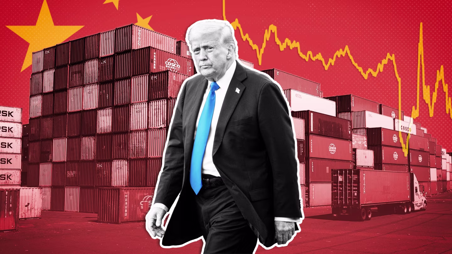 President Donald Trump looking glum with the Chinese flag and red shipping containers in the background, symbolizing trade tensions.