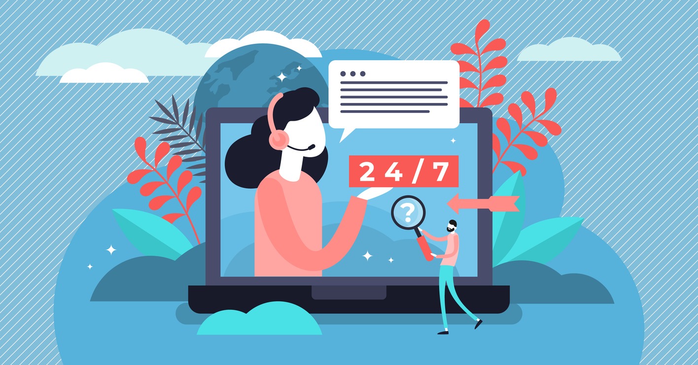 online support vector illustration. flat tiny help platform persons concept
