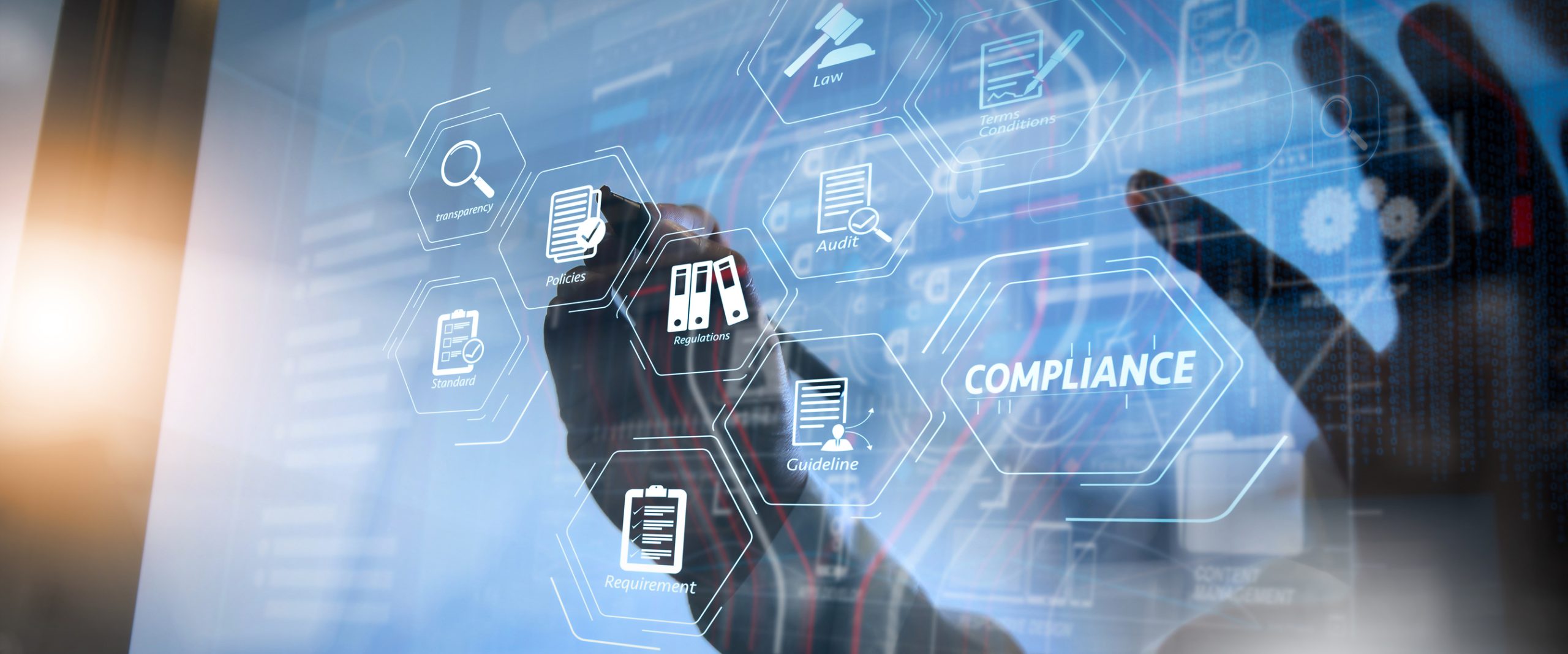 compliance virtual diagram for regulations, law, standards, requirements and audit.co working team meeting concept,businessman using smart phone and digital tablet and laptop computer in modern office