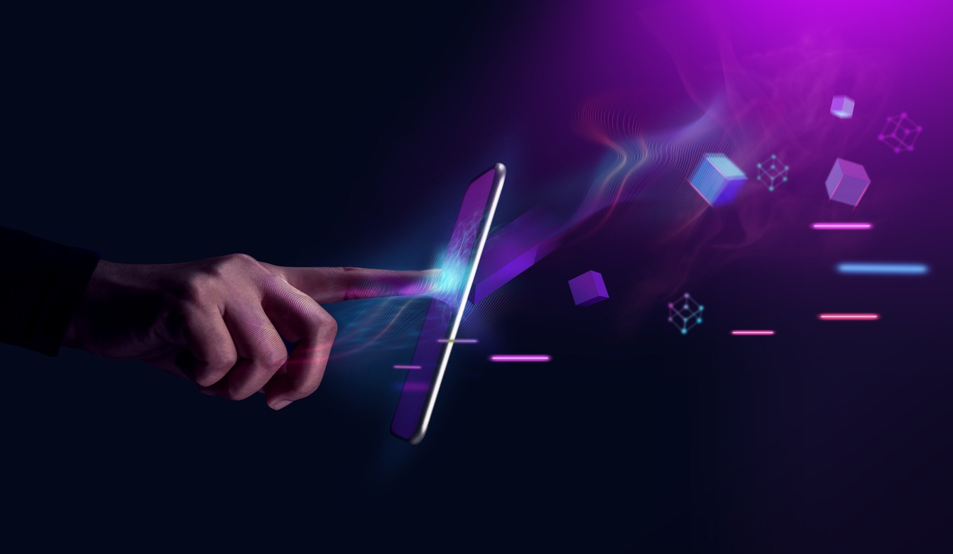 metaverse and blockchain technology concepts. person with an experiences of metaverse virtual world via smart phone. futuristic tone. conceptual photo