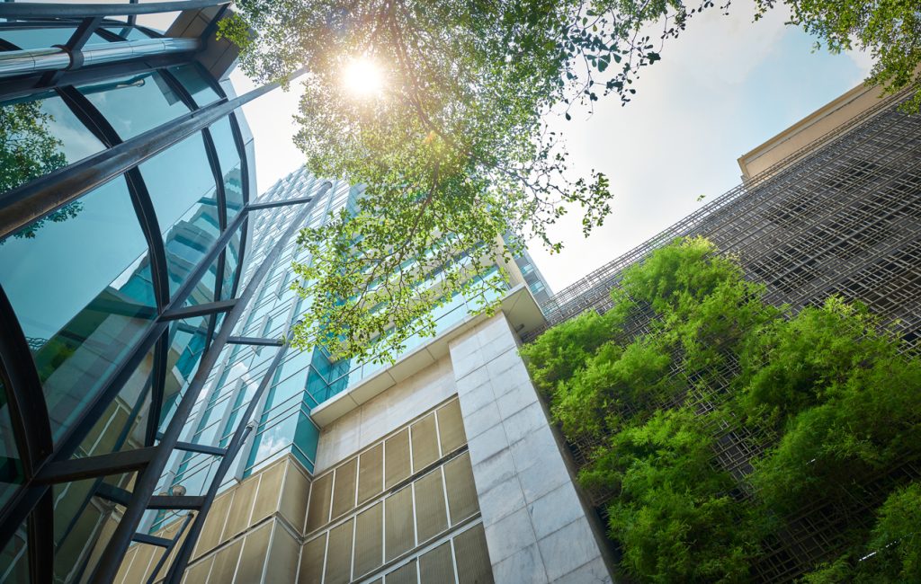 sunlight peering over modern urban buildings