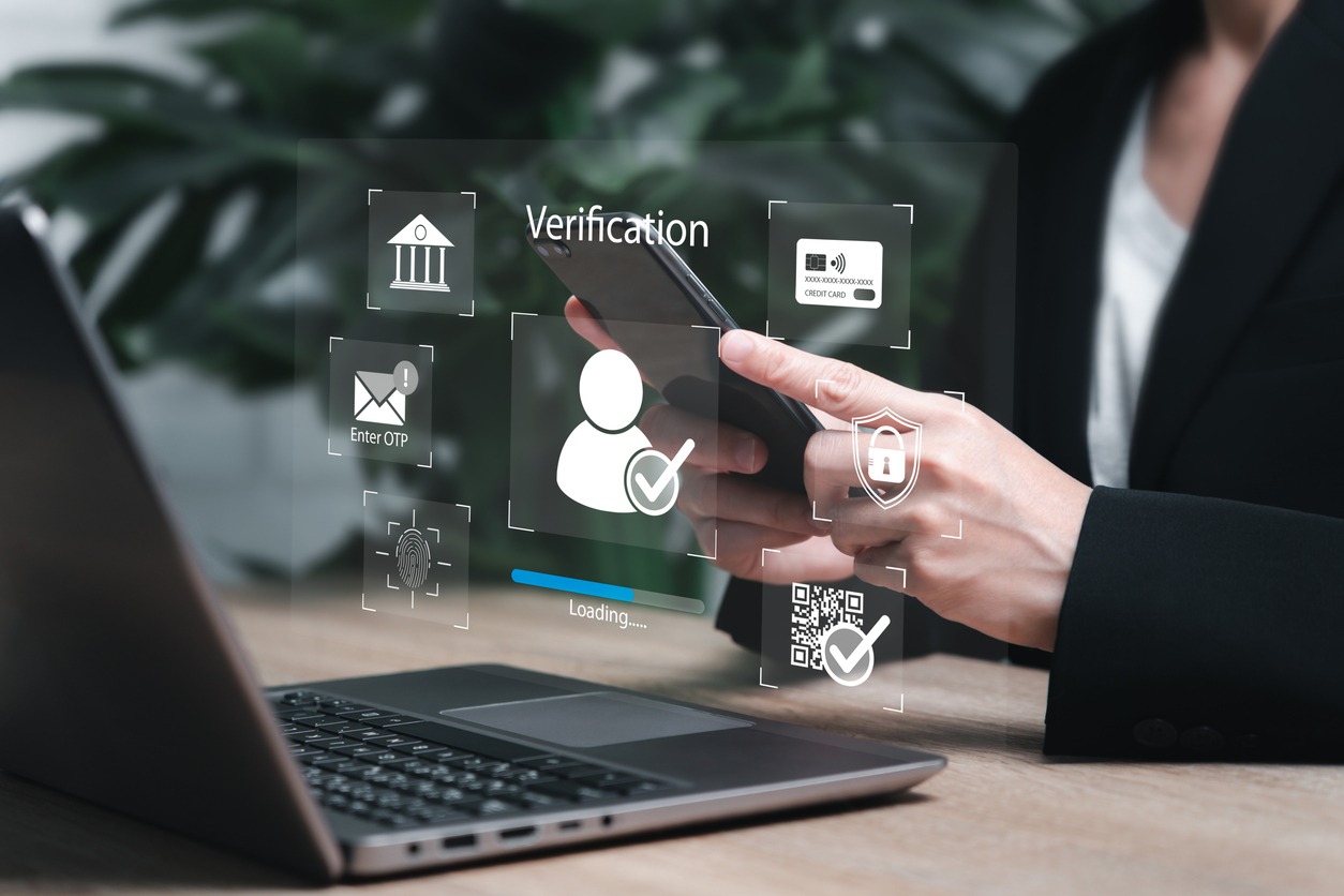 identity verification concept, authentication facial recognition biometric security, businesswomen use smartphone verify identity in system, opt code, fingerprint, multi tiered privacy protection