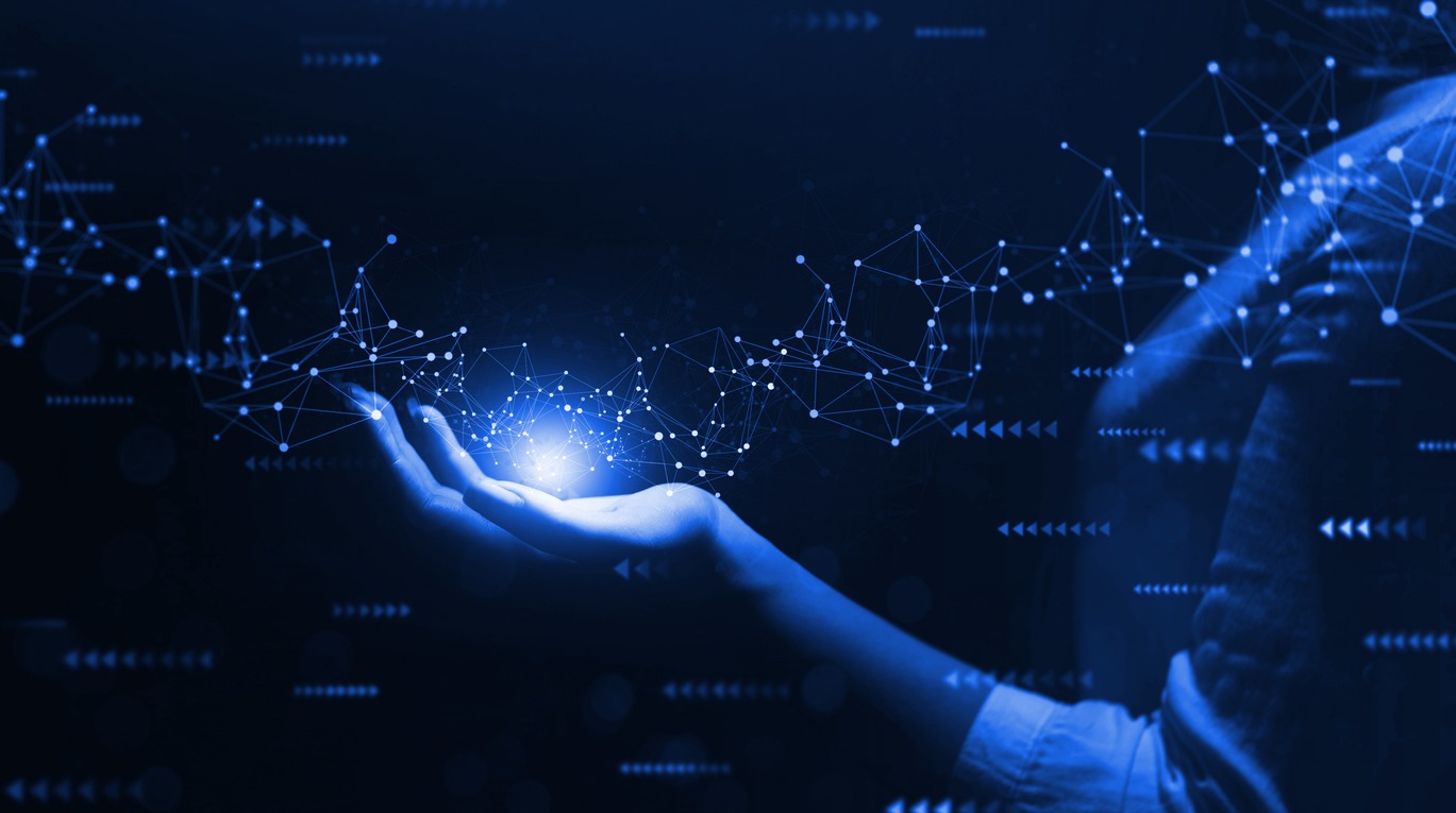 ai virtual technology.hand holding global network connection. internet communication, wireless connection technology. futuristic technology with polygonal shapes.