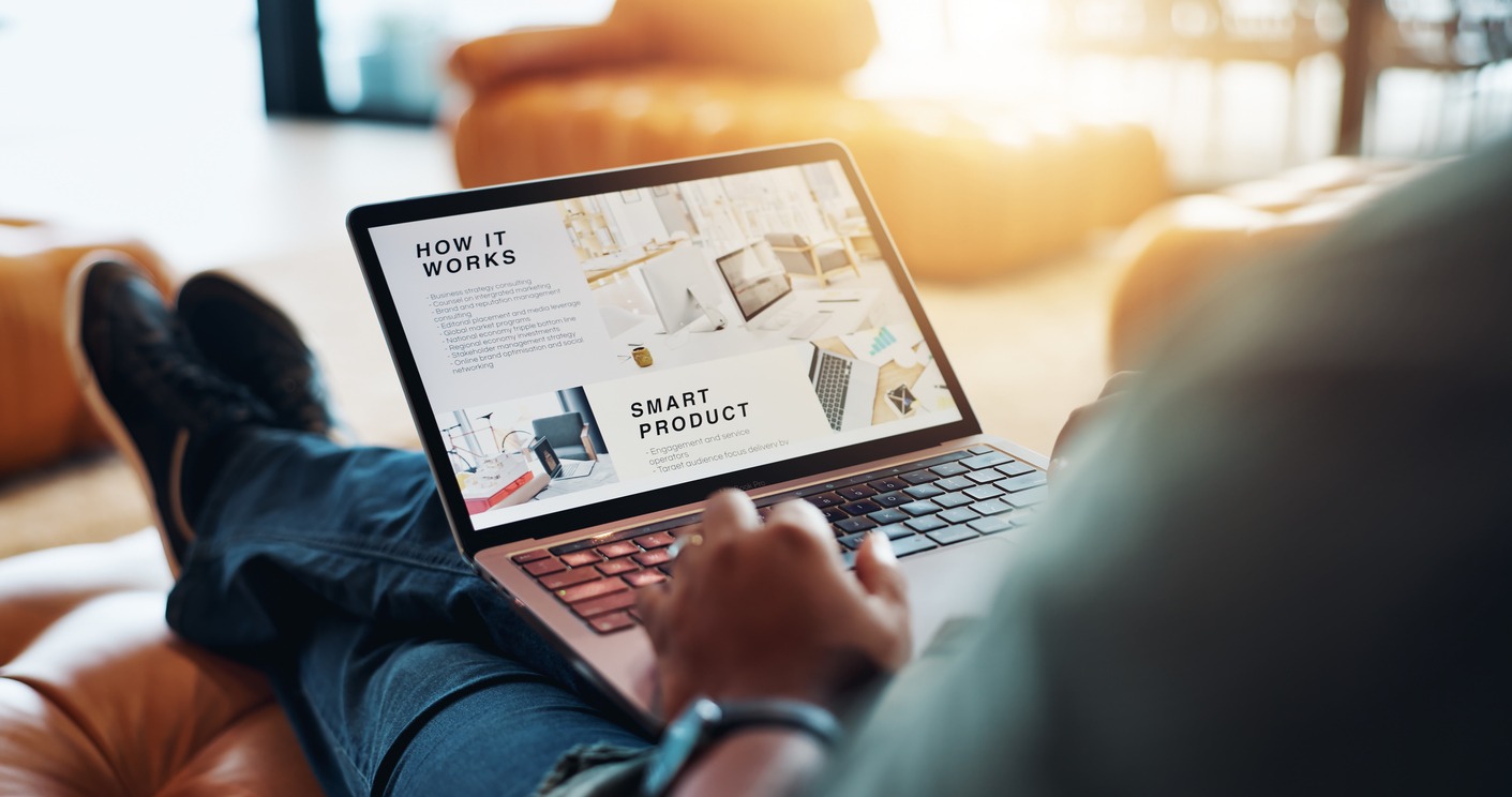 hands, laptop screen and person on sofa with reading website for marketing, brand and business branding. entrepreneur, computer and ux for contact, research or plan with global expansion for company