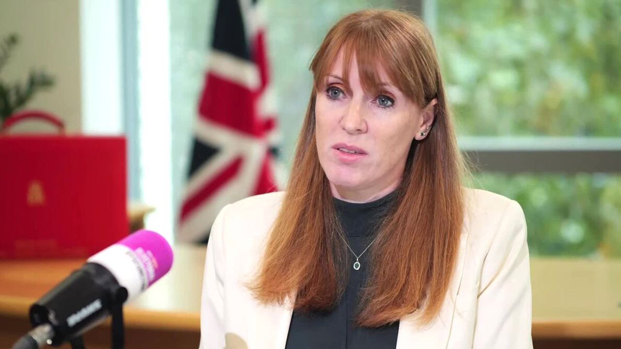 Angela Rayner looking serious during a televised interview, focused and composed.