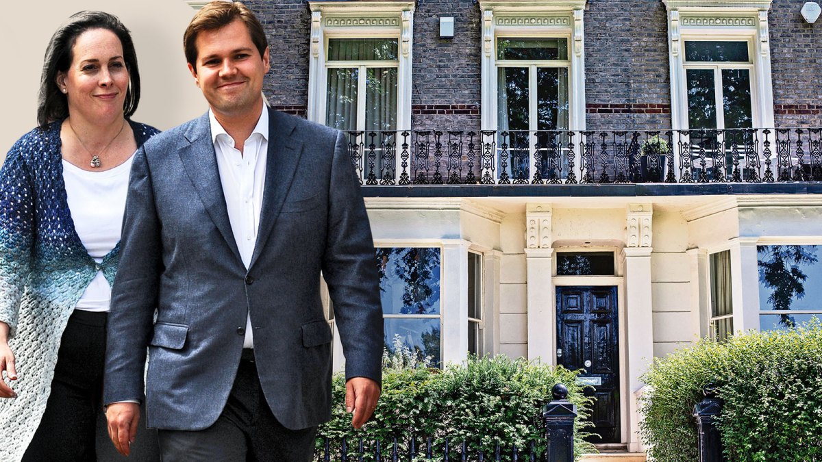 Split image of Robert Jenrick and his wife Michal Berkner standing beside their newly refurbished home.