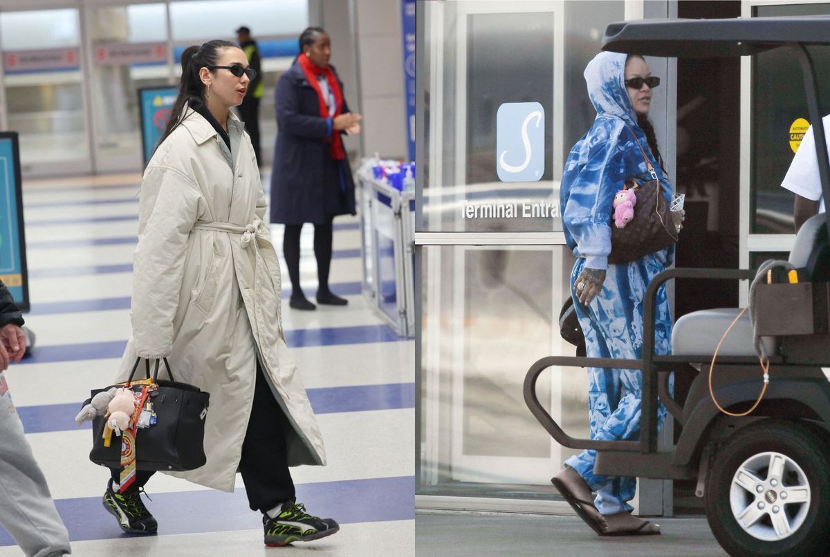 Split image showing Dua Lipa and Rihanna, each carrying a bag adorned with a Labubu doll charm.
