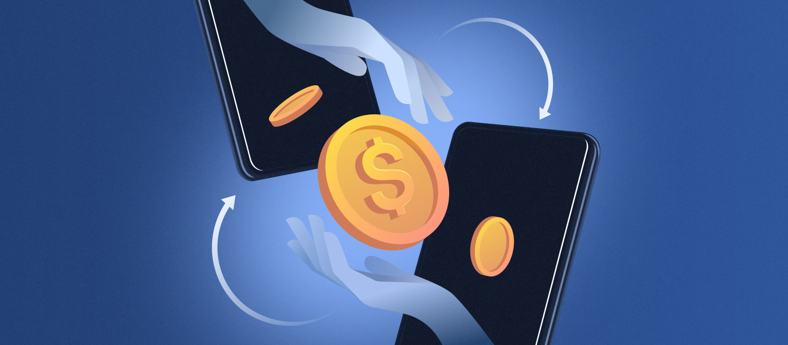 Cartoon illustration of two smartphones with hands extending to transfer money digitally.