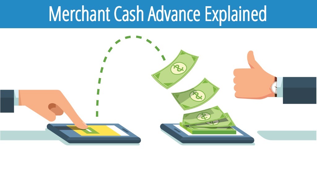 Cartoon illustration of a person transferring cash with the text "Merchant Cash Advance Explained," representing how MCAs provide upfront funding to businesses.