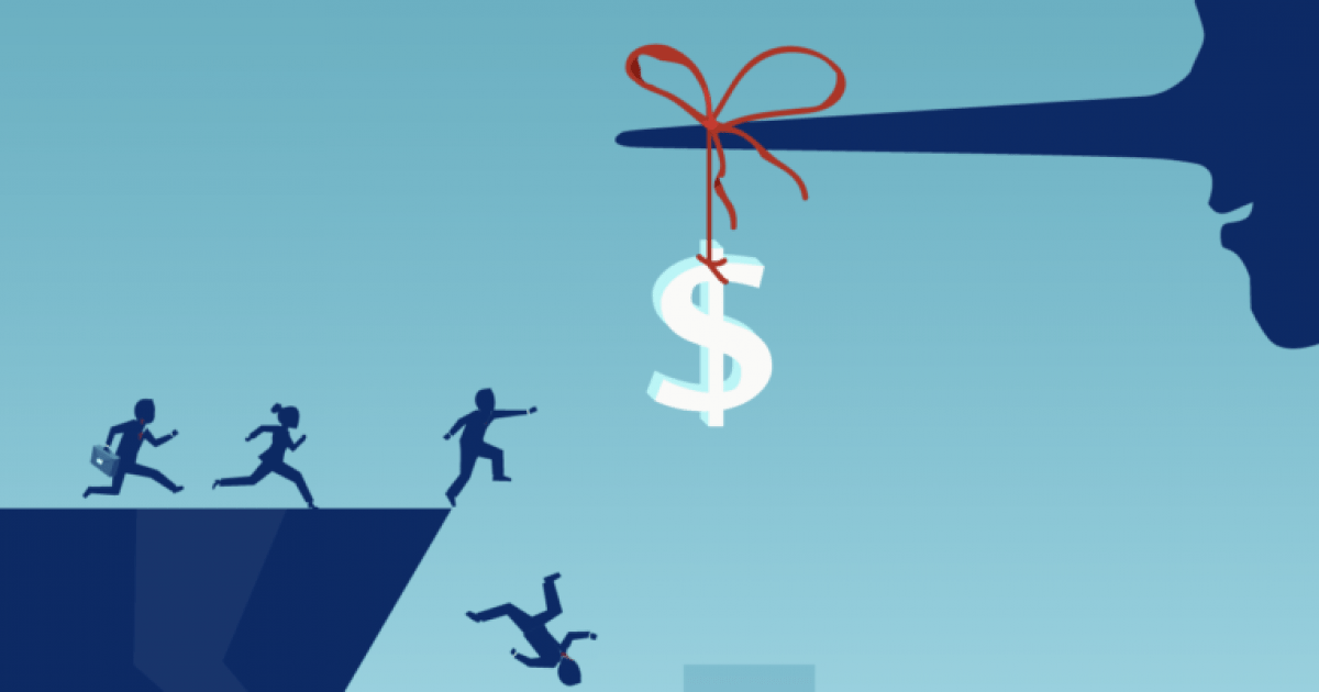 A cartoon depicting people falling off a cliff while reaching for a floating dollar sign, symbolizing financial risk and predatory lending.