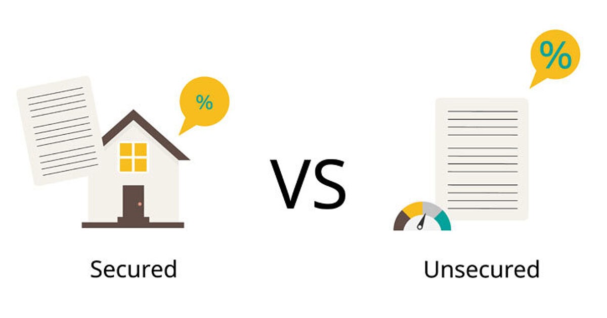 Cartoon illustration comparing secured and unsecured personal loans, showing a home as collateral for a secured loan and a credit card for an unsecured loan.