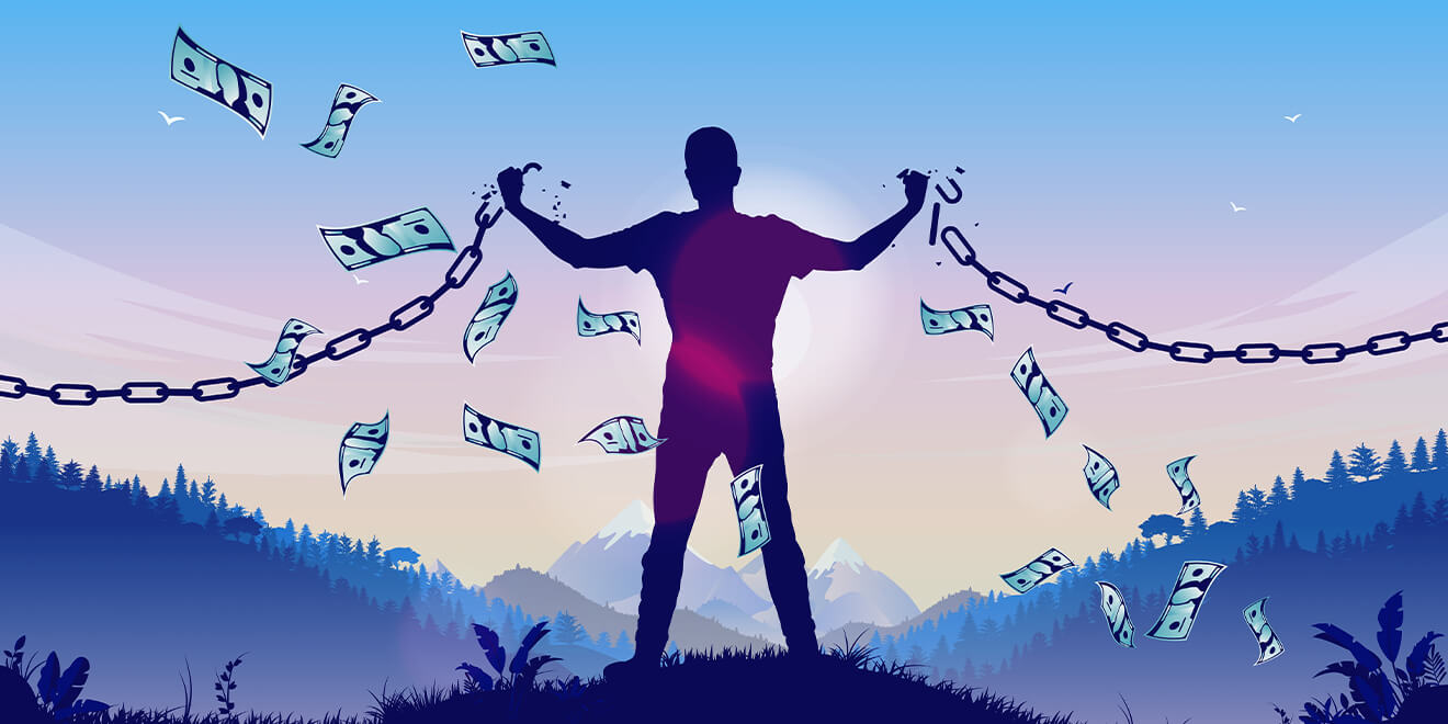Silhouette of a man breaking free from financial chains with dollar bills flying around, symbolizing financial freedom.