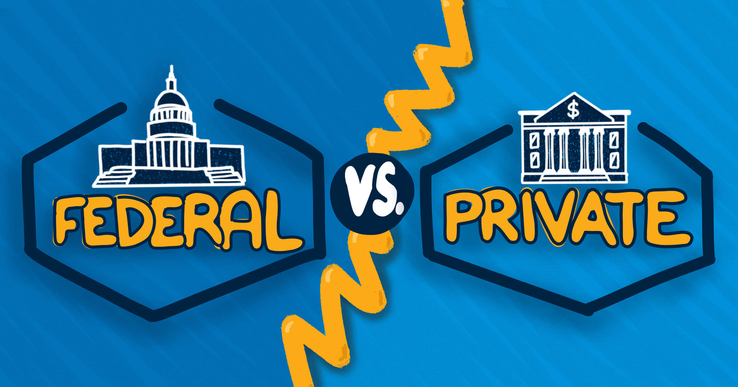 Comparison graphic showing “Federal vs Private” student loans with icons representing each type.