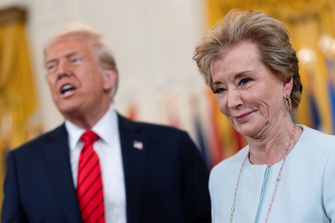 Donald Trump and Education Secretary Linda McMahon announce the student loan forgiveness reversal during a press event in the Oval Office.