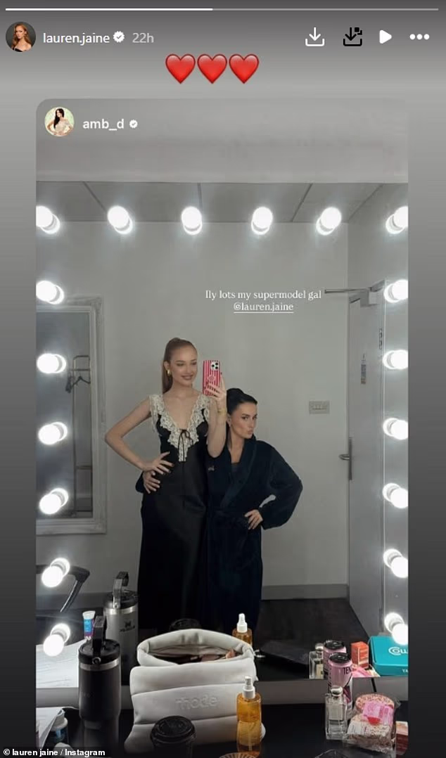 Lauren Jaine, Nikita Kuzmin’s girlfriend, posing in a mirror selfie with Amber Davies backstage at Strictly, sharing a bold Instagram post.