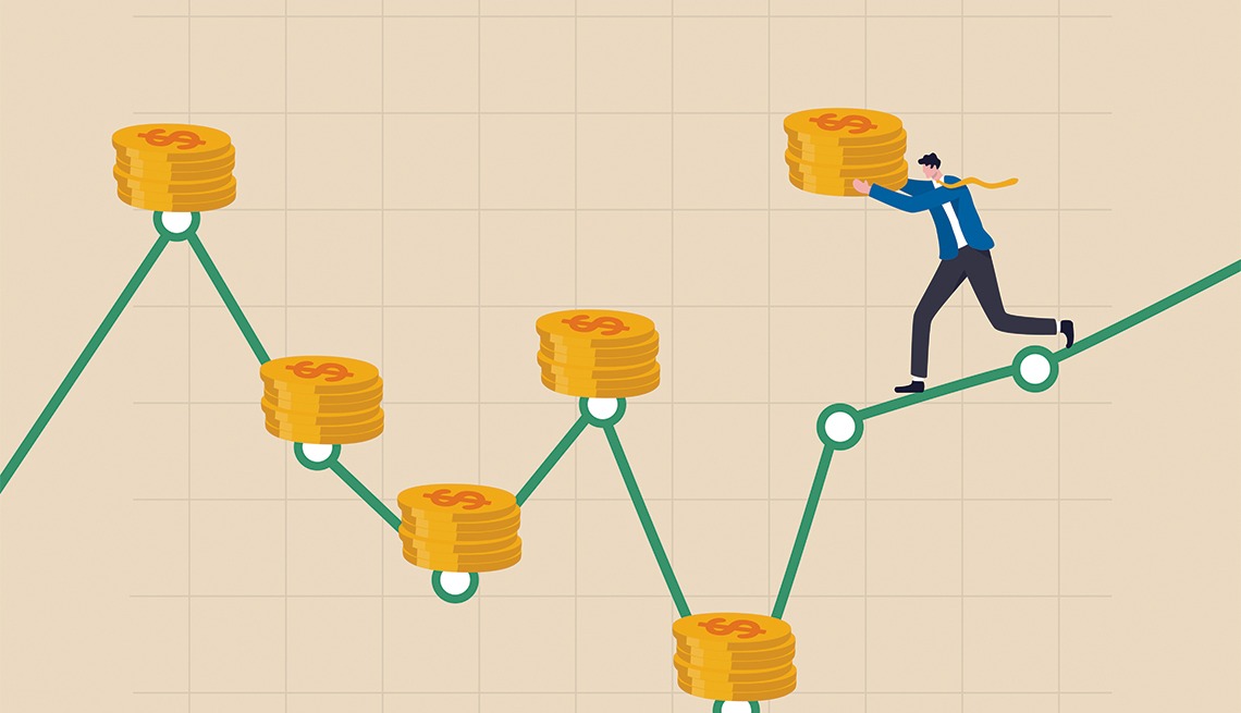 Cartoon of a man placing coins on a fluctuating graph, illustrating regular investments with dollar-cost averaging.