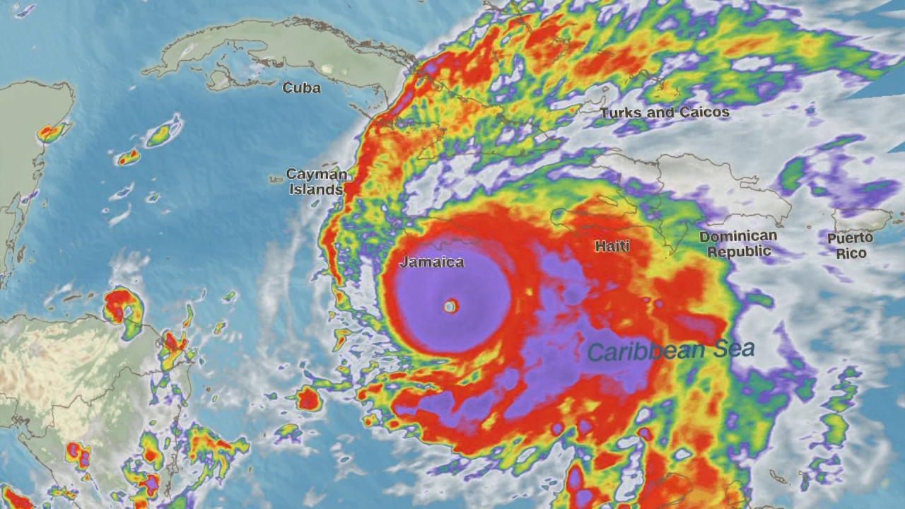 Digital aerial image showing Hurricane Melissa’s wide scope and projected trajectory across the Caribbean.