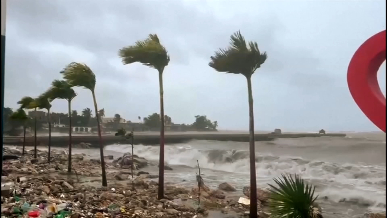 A Jamaican beach with palm trees bending in strong winds as Hurricane Melissa approaches, with rough waves crashing onshore.