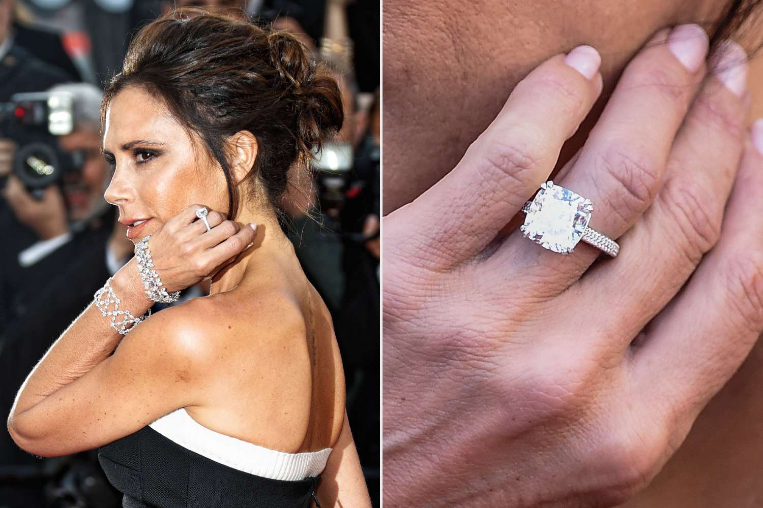 A 50/50 image featuring Victoria Beckham on the red carpet paired with a detailed close-up of another one of her remarkable engagement rings.