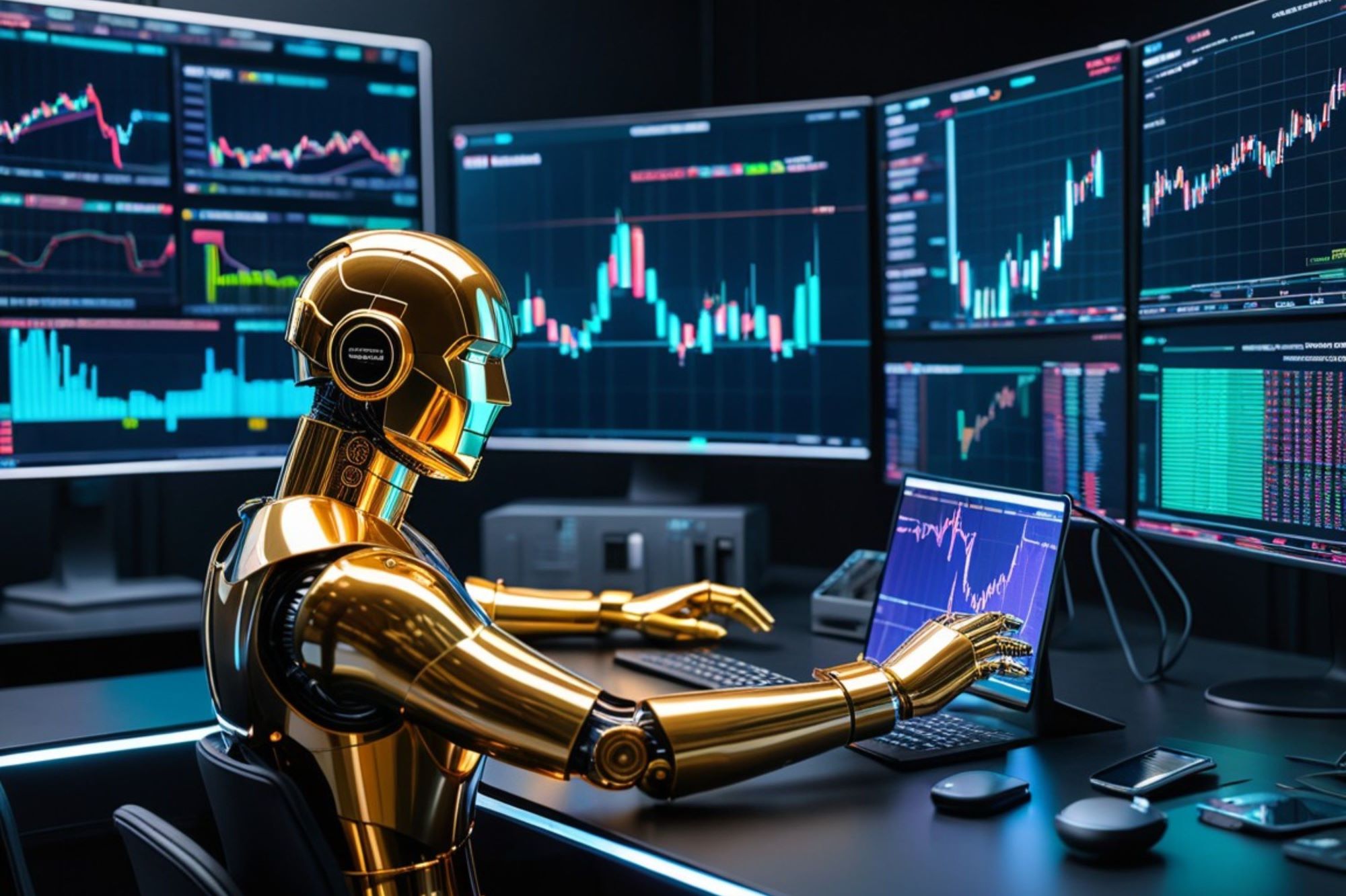 An AI-powered robot seated in a trading room, surrounded by multiple monitors displaying stock charts and financial data.