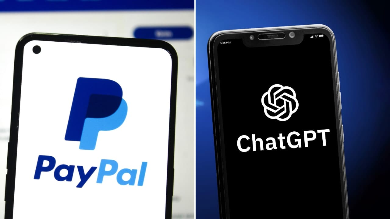 Split image showing PayPal logo on the left and ChatGPT logo on the right.