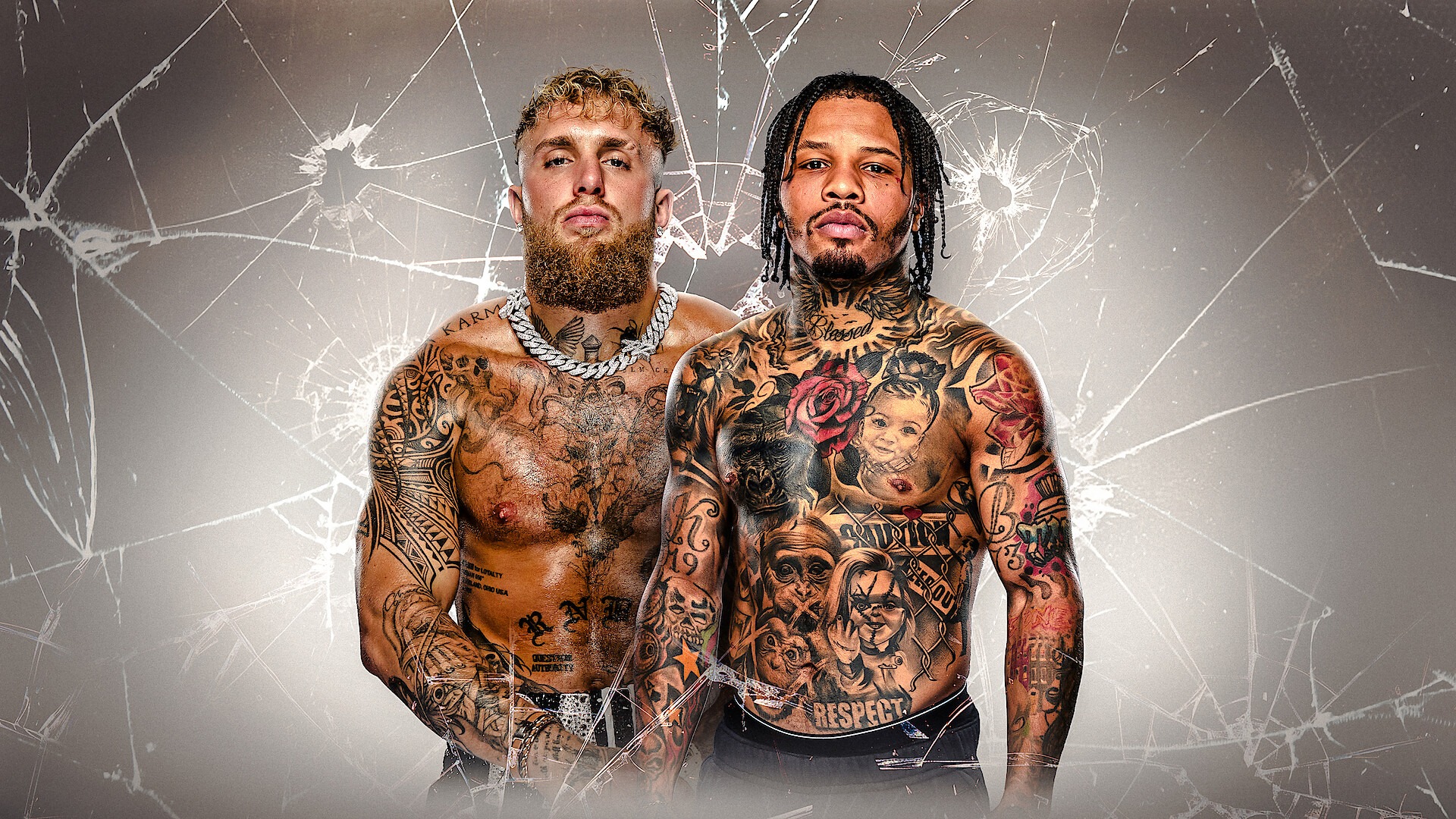 Promotional image of Jake Paul and Gervonta Davis facing off, promoting their upcoming exhibition boxing match.