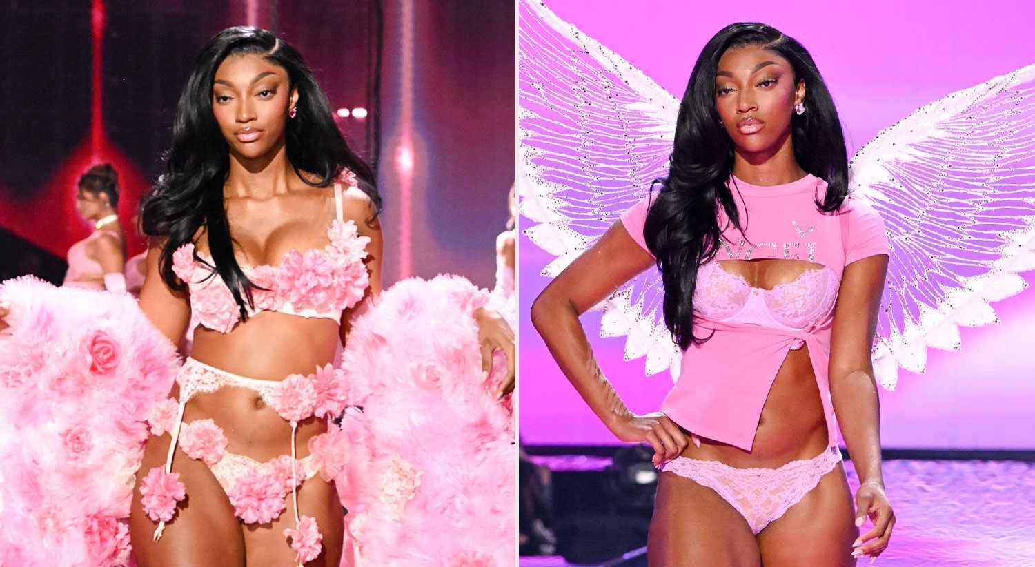 Split image of Angel Reese at the Victoria’s Secret Fashion Show showing two different runway looks and styles.