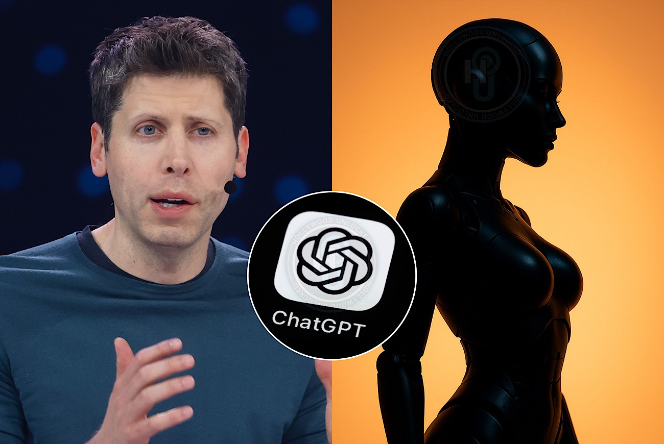 Split image showing OpenAI CEO Sam Altman on one side and a futuristic female AI robot on the other, with the ChatGPT logo glowing in the center to symbolize the fusion of human and artificial intelligence.