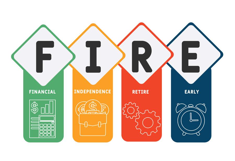 Illustration breaking down the acronym FIRE, showing “F” for Financial, “I” for Independence, “R” for Retire, and “E” for Early, with visual icons for each concept.