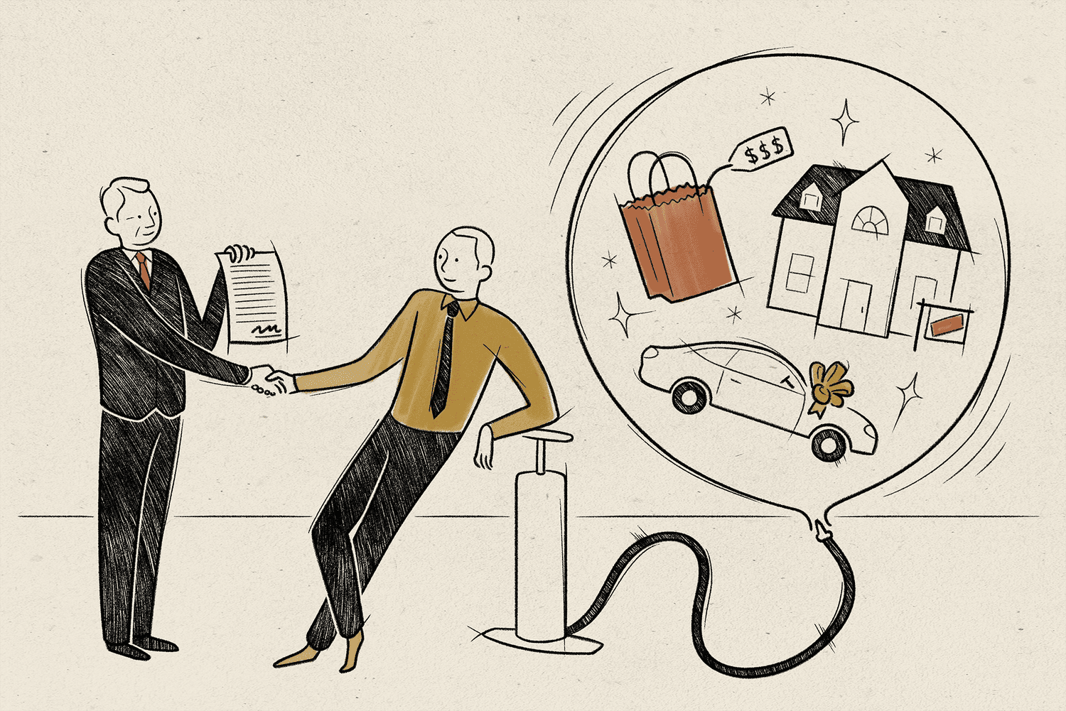 Cartoon of a man receiving a salary increase, with a thought bubble showing luxury cars, designer items, and expensive gadgets symbolizing lifestyle inflation.