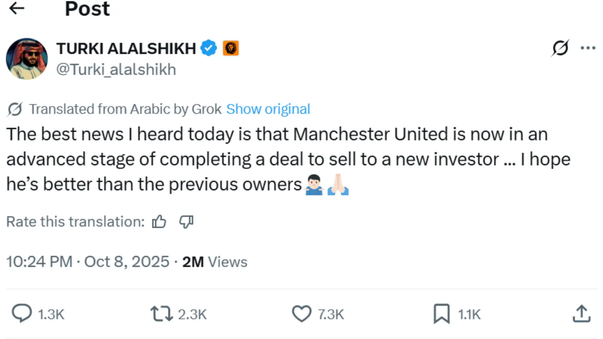 Screenshot of Turki Al-Sheikh’s tweet announcing that the Manchester United sale is nearly complete.